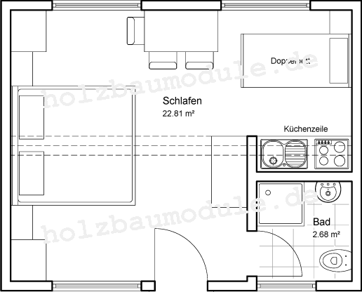Doppelwohnmodule 40 Fuß mit Bad und Küche, offen, ohne Trennwand